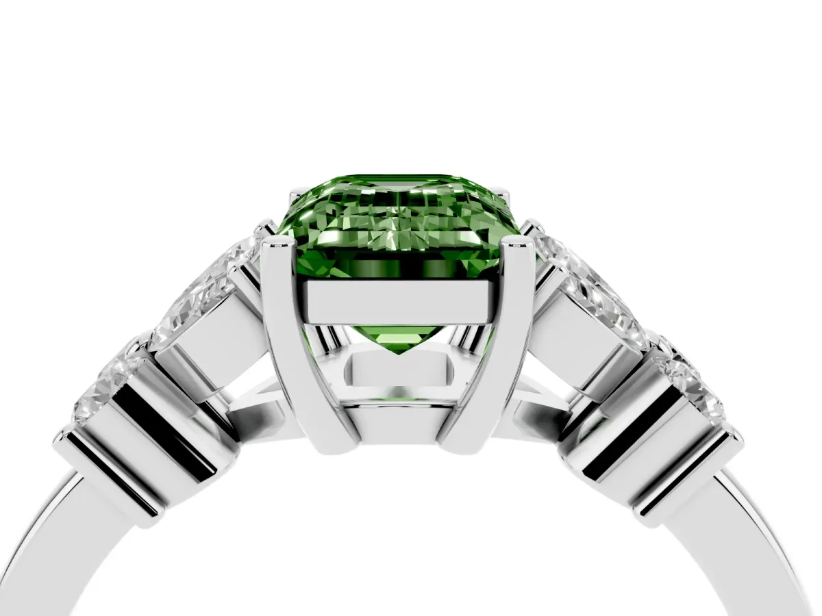 Fancy Green Emerald Cut Diamond Floral Cluster Ring with Solitaire Band and Prong Setting Platinum