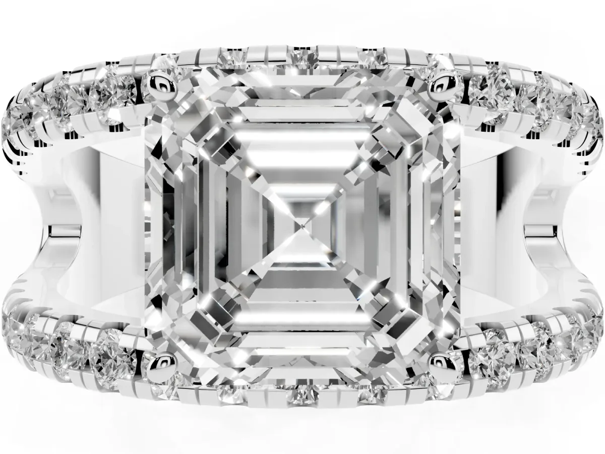 Asscher Cut Solitaire Split Shank Pave Diamond Ring Platinum