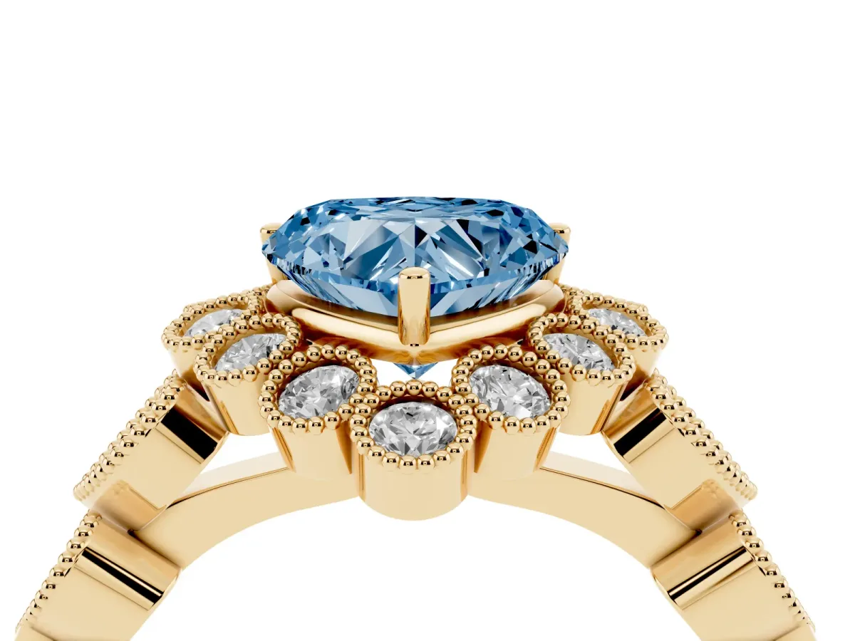 Fancy Blue Heart Cut Brilliant Milgrain Pave Heart Band Solitaire Ring Yellow gold