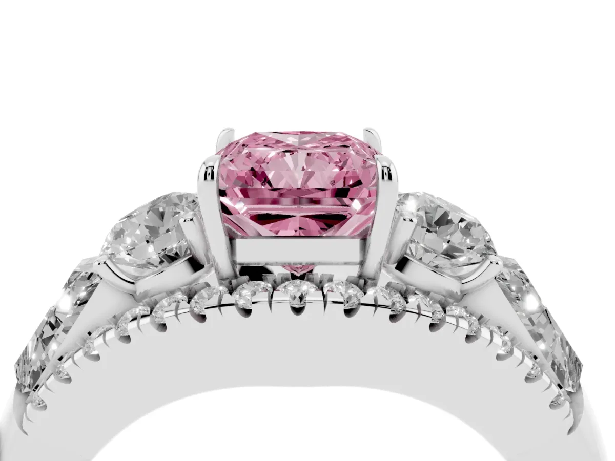 Fancy Pink Three-Stone Radiant Cut Diamond Engagement Ring with Pave Band and Prong Setting Silver