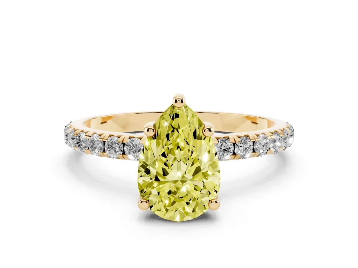Fancy Yellow Pear Cut Cut Diamond Solitaire Ring with Micro Pave Band and Four Prong Setting Yellow gold