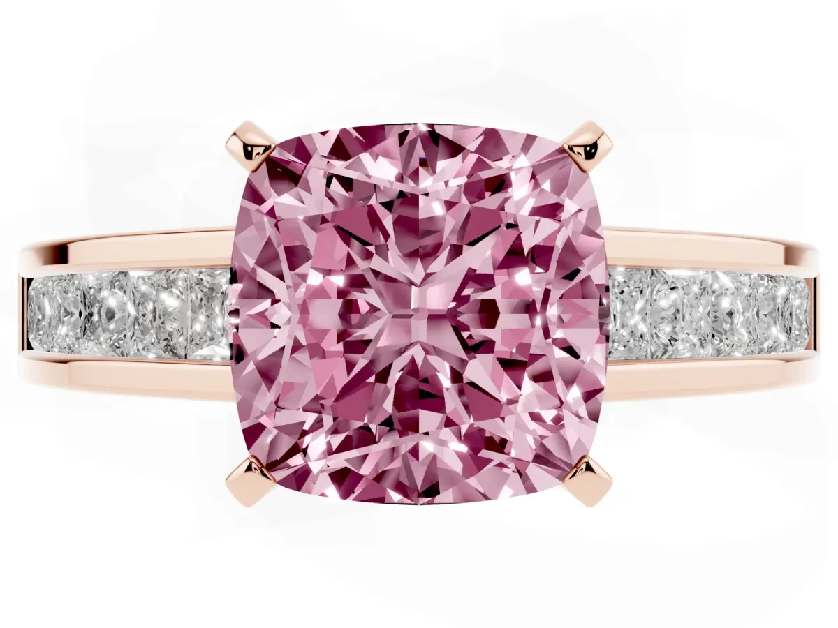 Fancy Pink Cushion Cut Solitaire Diamond Ring with Channel-Set Band and Four-Prong Setting Rose gold