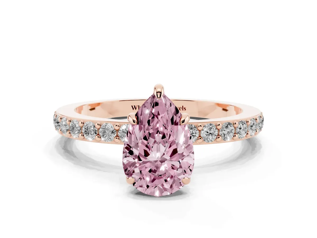 Fancy Pink Pear Cut Diamond Pavé Engagement Ring with Round Accents and Prong Setting Rose gold