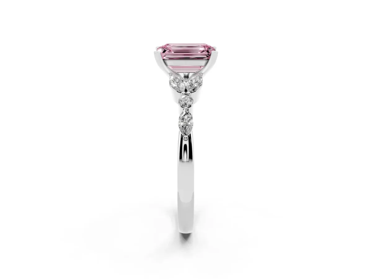 Fancy Pink Emerald Cut Diamond Solitaire Ring with Side Stones and Four-Prong Setting Silver