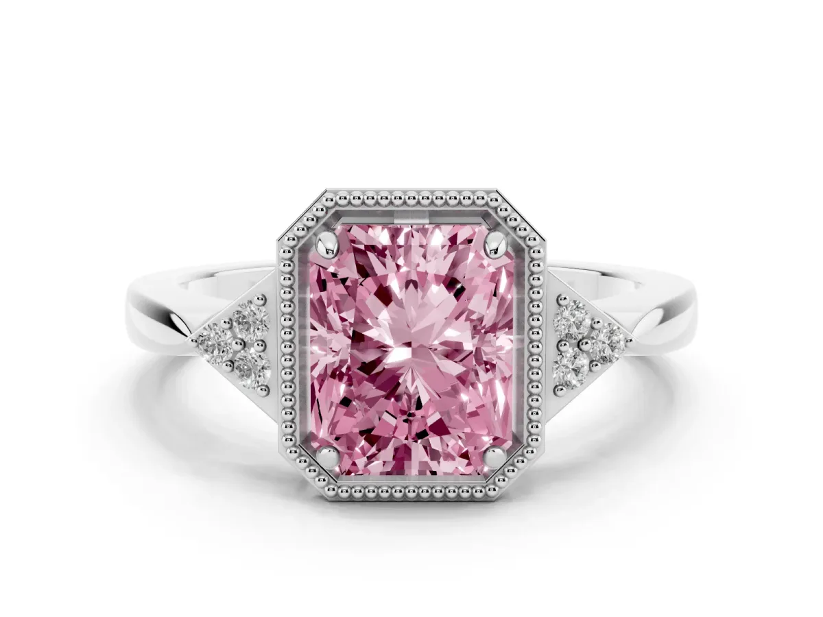Fancy Pink Hexagonal Halo Radiant Cut Diamond Solitaire with Pavé Band and Four-Prong Setting White gold