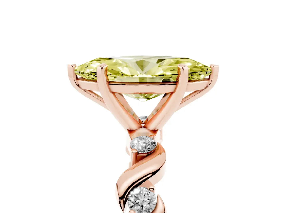 Fancy Yellow Marquise Cut Diamond Solitaire Twisted Band with Round Accents and Prong Setting Rose gold
