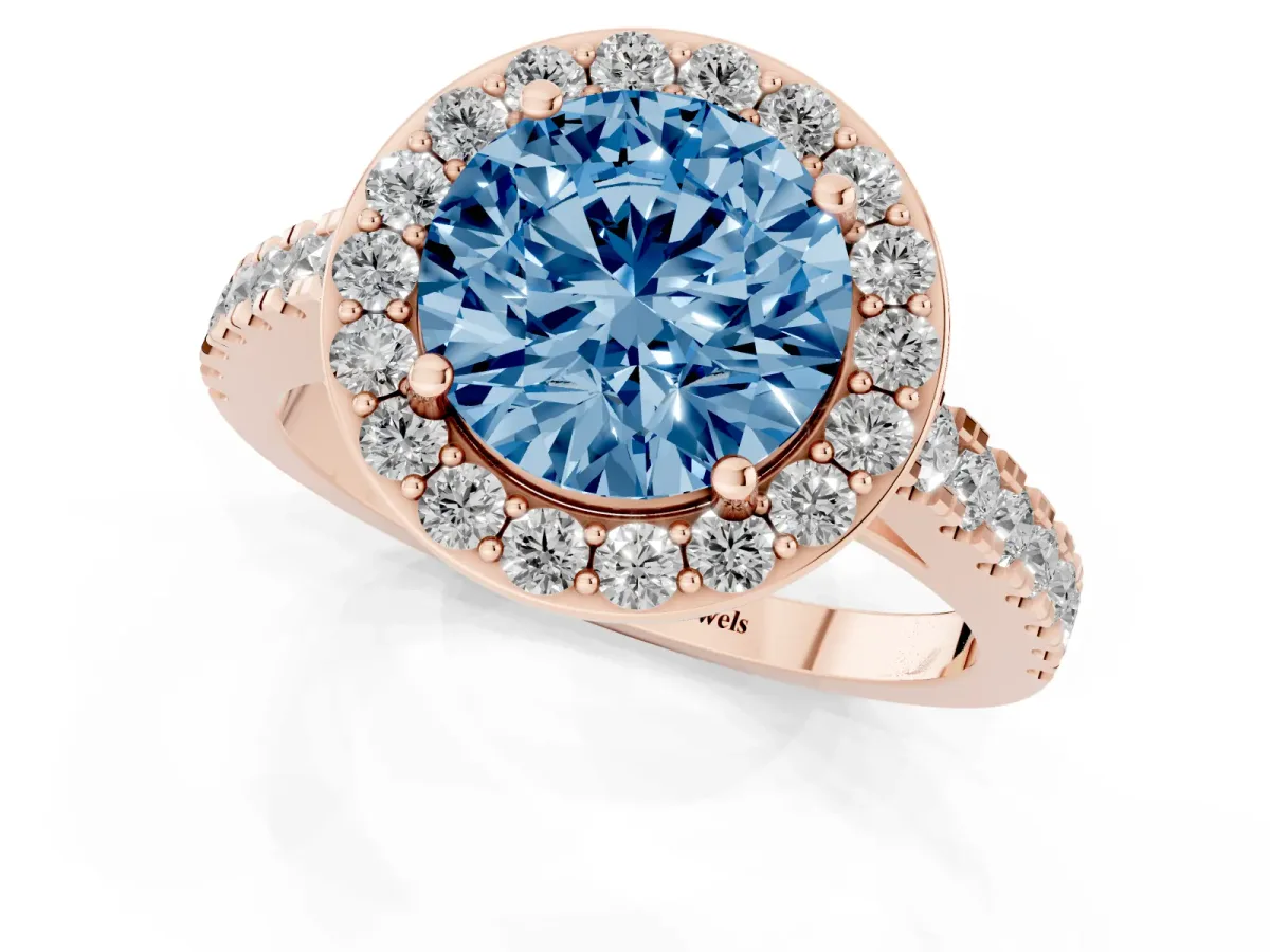 Fancy Blue Round Cut Diamond Halo Ring with Round Pavé Split Shank and Prong Setting Rose gold
