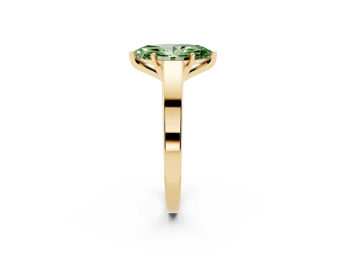 Fancy Green Marquise Cut Solitaire Engagement Ring with Four-Prong Setting and Tapered Band Yellow gold