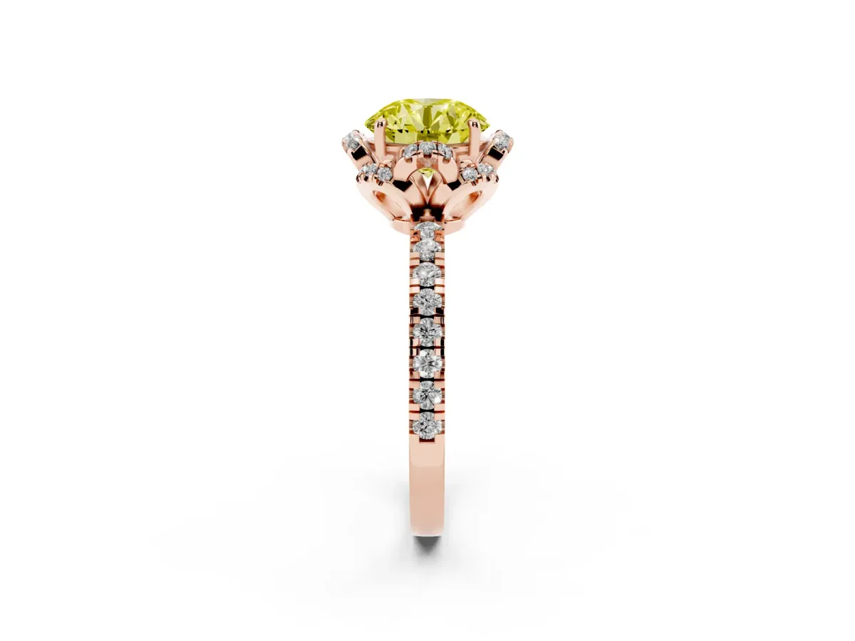 Fancy Yellow Round Cut Diamond Halo Pave Band with Four-Prong Setting Rose gold