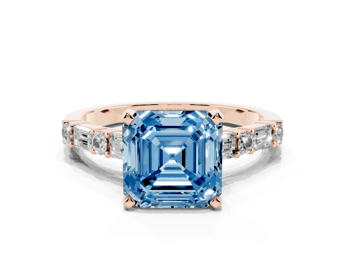 Fancy Blue Asscher Cut Diamond Solitaire with Side Baguettes and Channel Set Band Rose gold