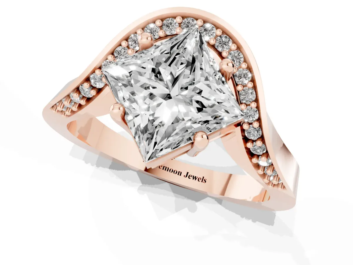 Princess Cut Solitaire Diamond Engagement Ring with Pave Band and Four-Prong Setting Rose gold