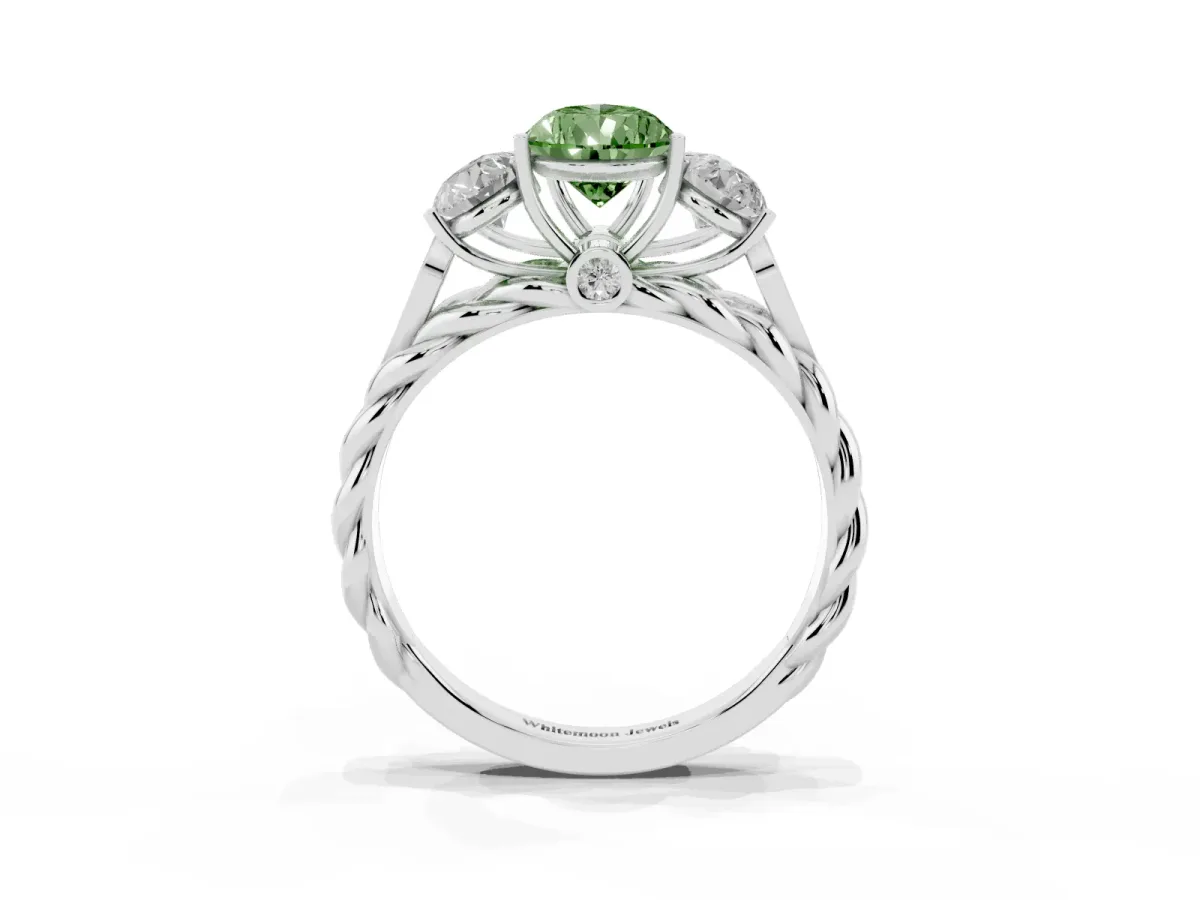 Fancy Green Three-Stone Pear Cut Diamond Braided Band Ring with Four-Prong Setting Silver