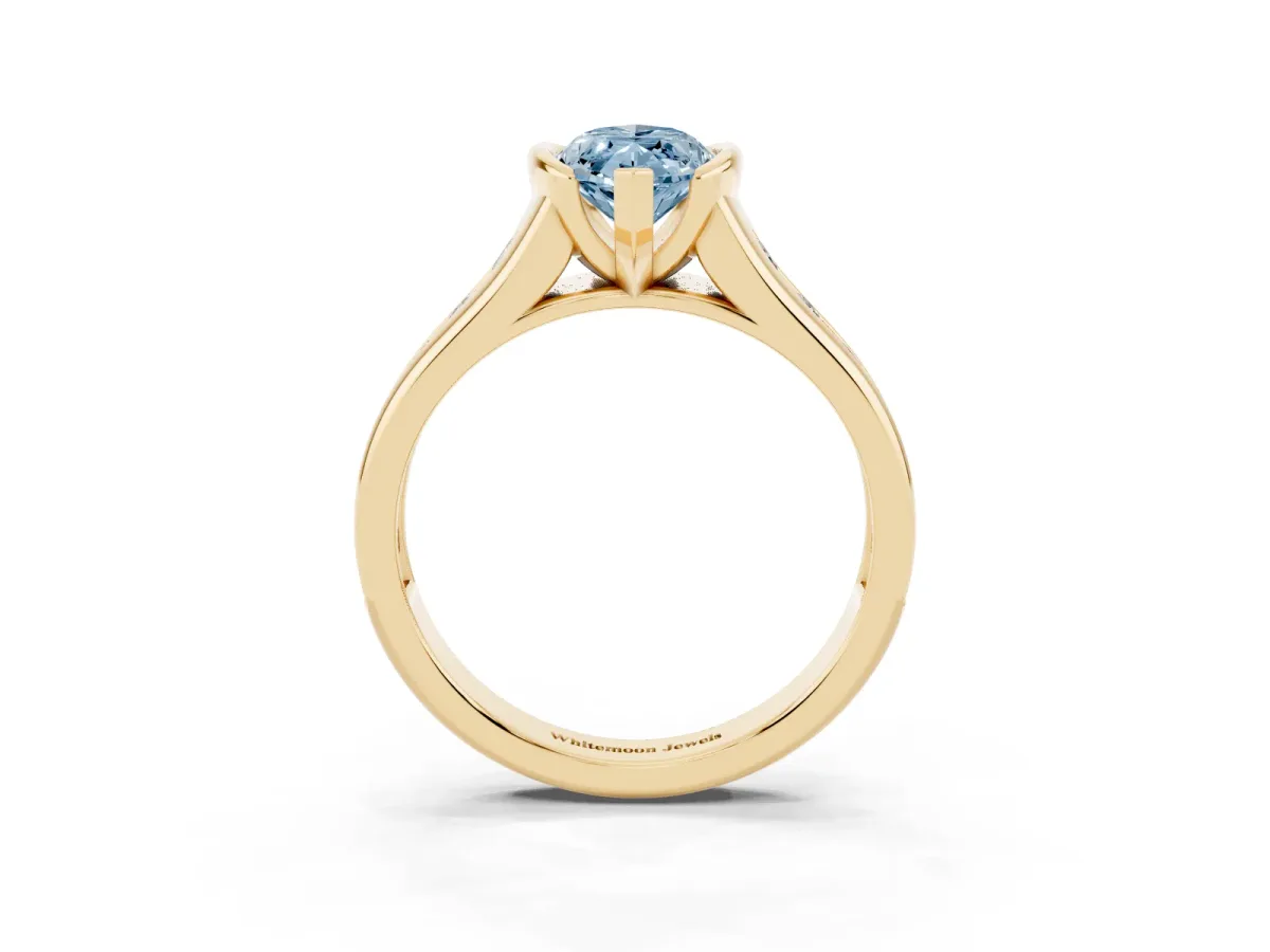 Fancy Blue Marquise Cut Solitaire Bezel-Set Diamond Ring with Channel-Set Band Yellow gold