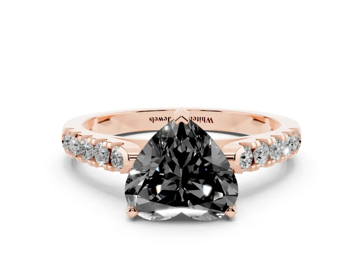 Fancy Black Heart Cut Diamond Pavé Band Solitaire Ring with Prong Setting Rose gold
