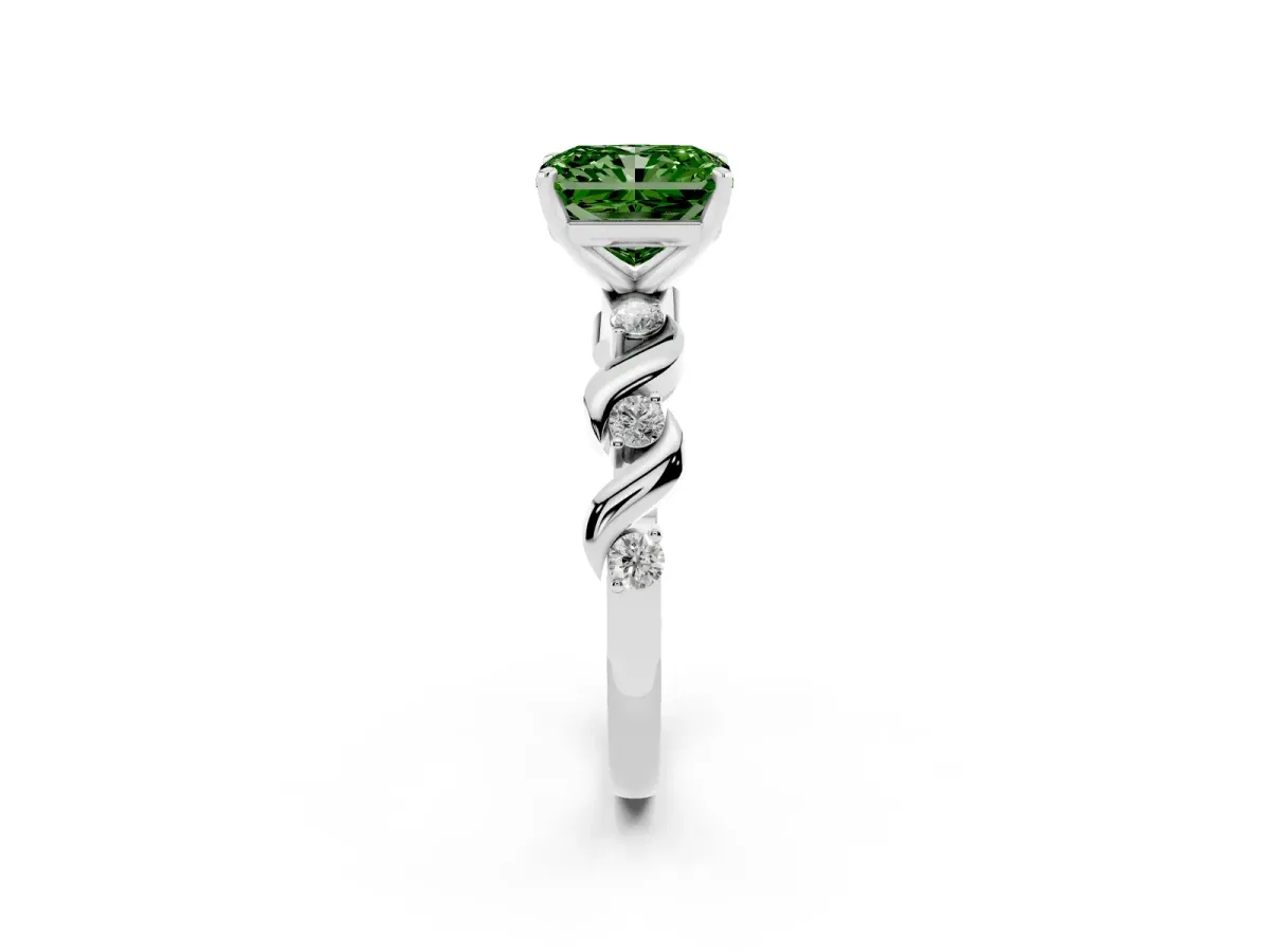 Fancy Green Radiant Cut Diamond Solitaire Twisted Band with Round Accents and Prong Setting White gold