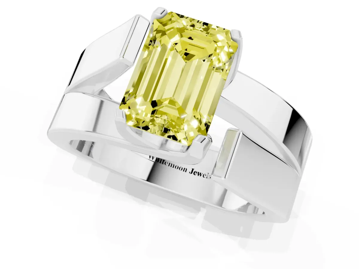 Fancy Yellow Modern Tension Set Emerald Cut Diamond Solitaire Wide Band Ring Silver