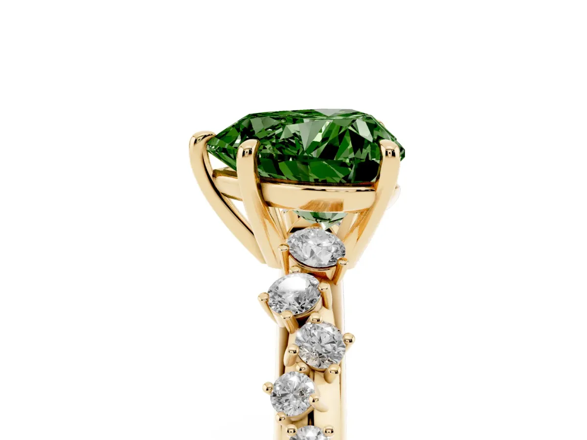 Fancy Green Heart Cut Diamond Cluster Side Stone Solitaire Ring with Prong Setting Yellow gold