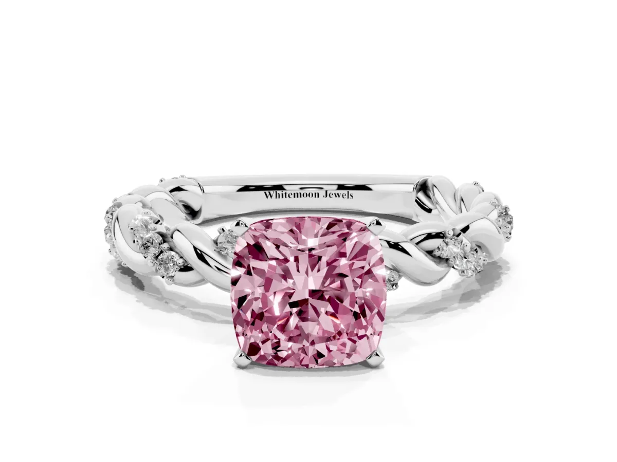 Fancy Pink Cushion Cut Diamond Solitaire Ring with Twisted Band and Pavé Accents Platinum