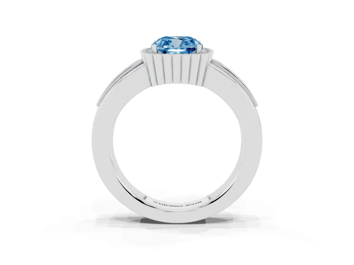 Fancy Blue Cushion Cut Cut Halo Pave Band Four-Prong Ring White gold