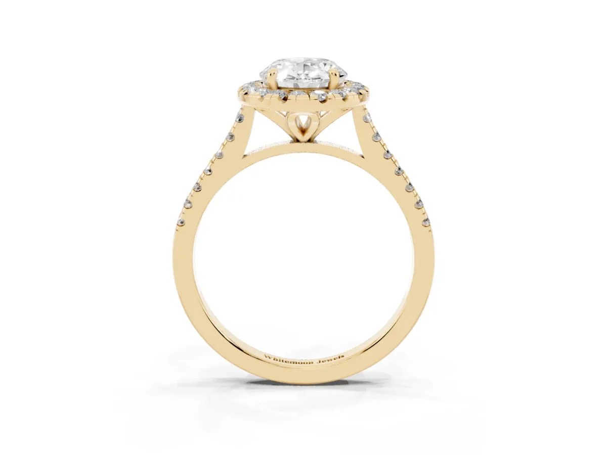 Oval Cut Diamond Cushion Halo Ring with Pavé Band Yellow gold