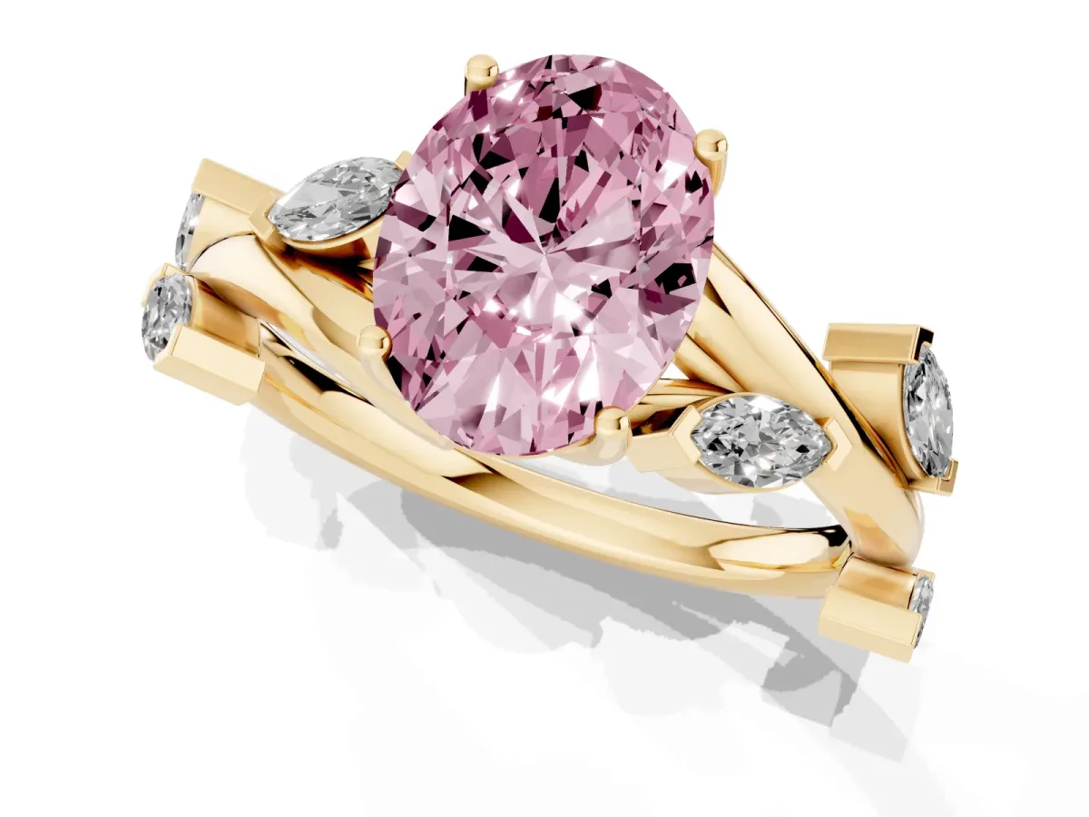 Fancy Pink Oval Cut Solitaire Twisted Band Marquise Accent Prong Setting Ring Yellow gold