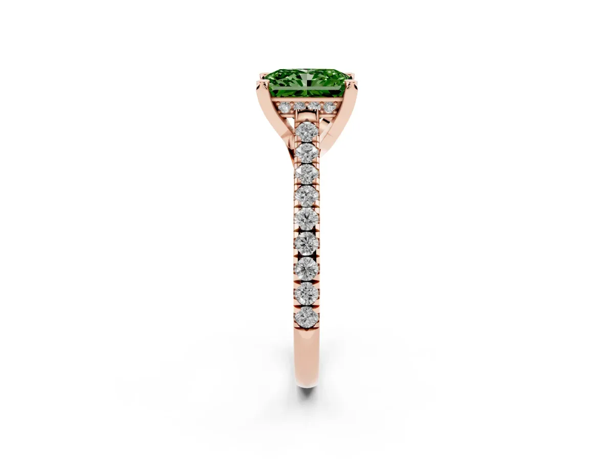 Fancy Green Radiant Cut Brilliant Diamond Solitaire with Pavé Band and Four-Prong Setting Rose gold