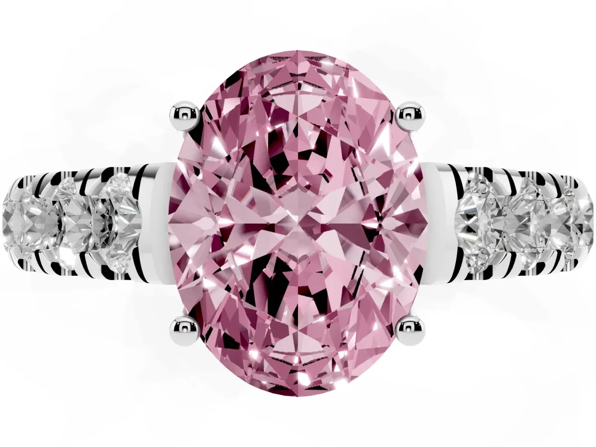 Fancy Pink Oval Cut Cut Diamond Solitaire Ring with Micro Pave Band and Prong Setting Silver