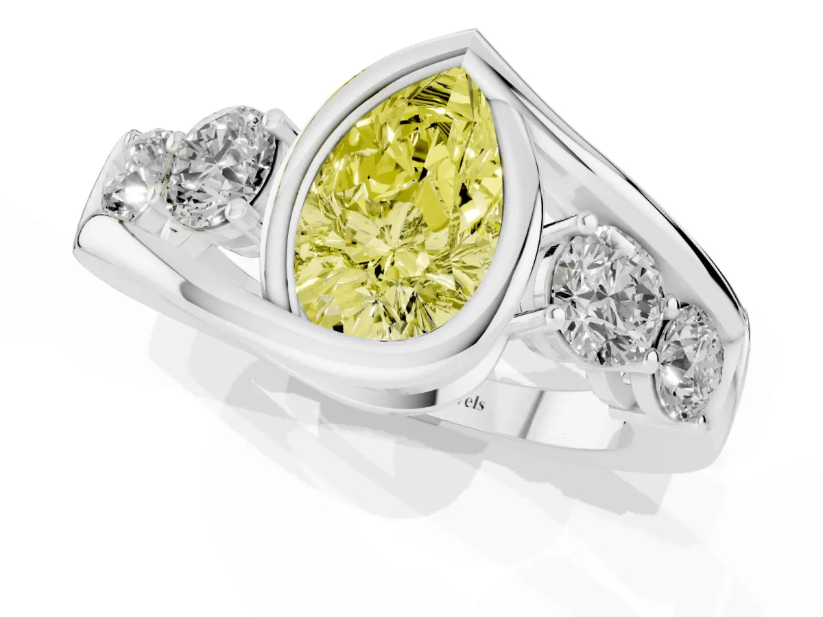 Fancy Yellow Bezel Set Pear Cut Diamond Bypass Ring with Round Accents Silver