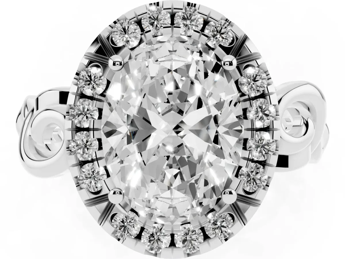 Oval Cut Cut Halo Diamond Ring with Scrollwork Band and Four-Prong Setting Silver