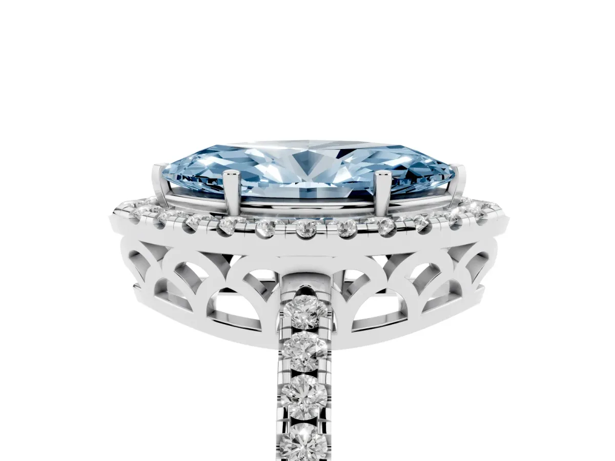 Fancy Blue Marquise Cut Halo Diamond Engagement Ring with Pavé Band and Four-Prong Setting Platinum