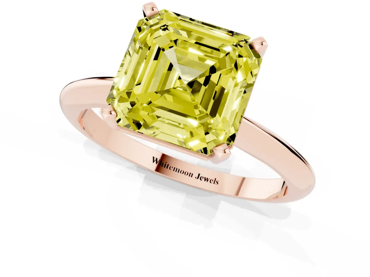 Fancy Yellow Asscher Cut Cut Solitaire Ring with Four-Prong Setting on a Classic Band Rose gold