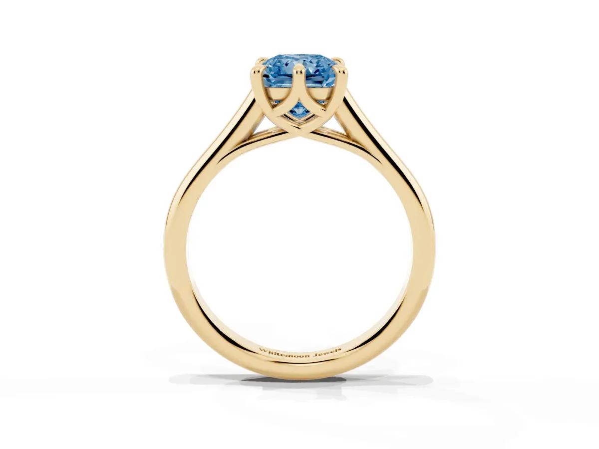Fancy Blue Radiant Cut Solitaire Engagement Ring with Six-Prong Setting and Classic Band Yellow gold