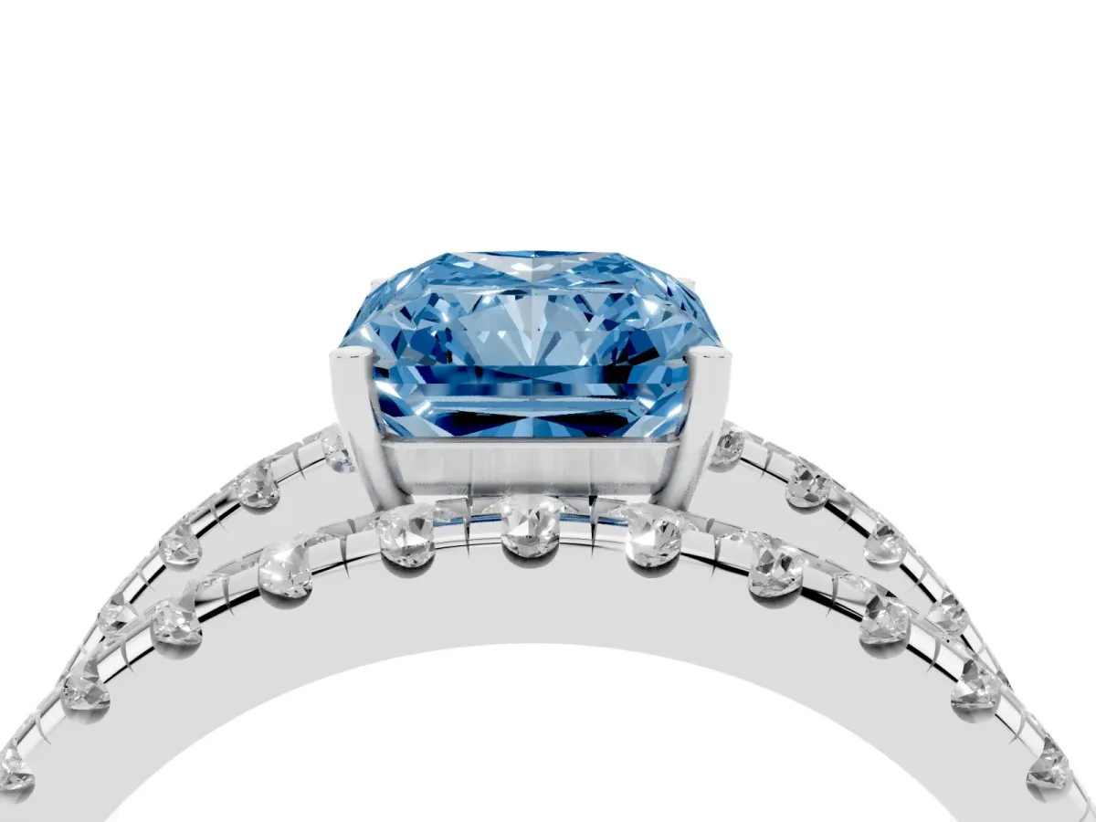 Fancy Blue Radiant Cut Solitaire Split Shank Pave Diamond Ring Platinum