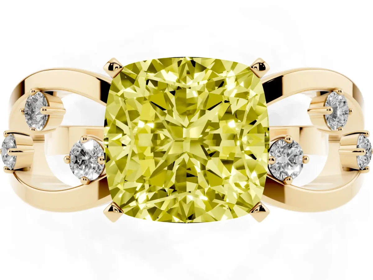 Fancy Yellow Cushion Cut Cut Solitaire Diamond with Side Stones on Criss-Cross Band and Four-Prong Setting Yellow gold