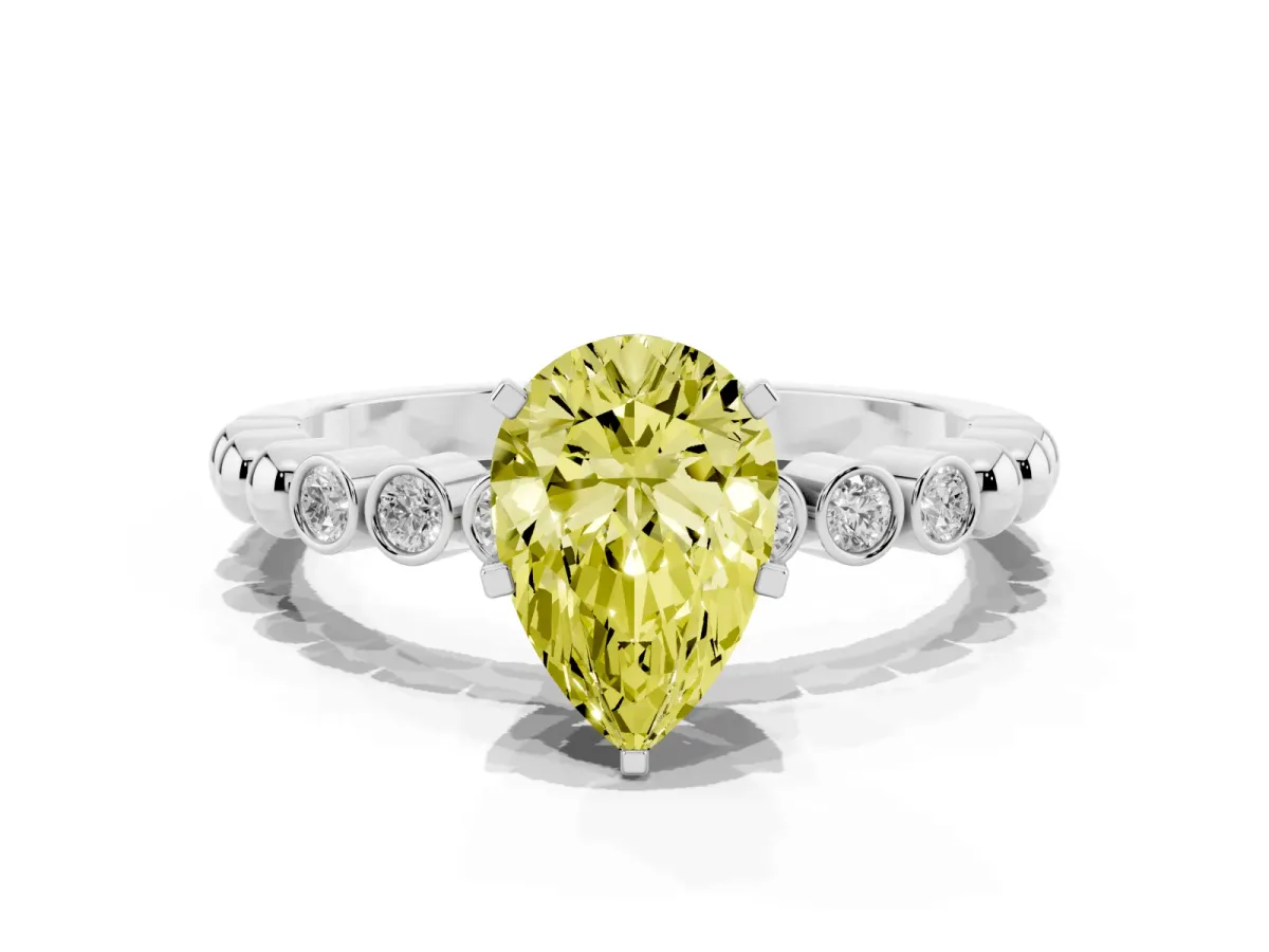 Fancy Yellow Pear Cut Solitaire Bezel Accent Diamond Engagement Ring with Beaded Band and Four-Prong Setting Platinum