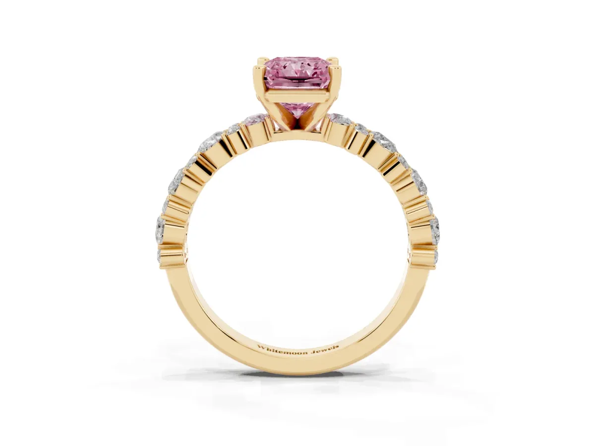 Fancy Pink Radiant Cut Diamond Side Stone Solitaire Ring with Round and Four-Prong Setting Yellow gold