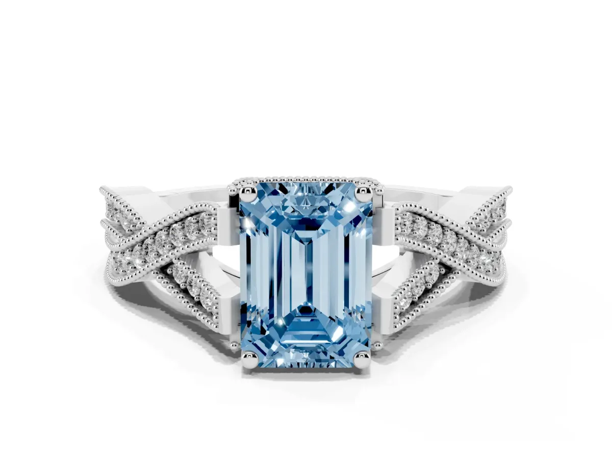 Fancy Blue Emerald Cut Cut Diamond Twisted Band with Milgrain Pave Setting and Four-Prong Setting Silver