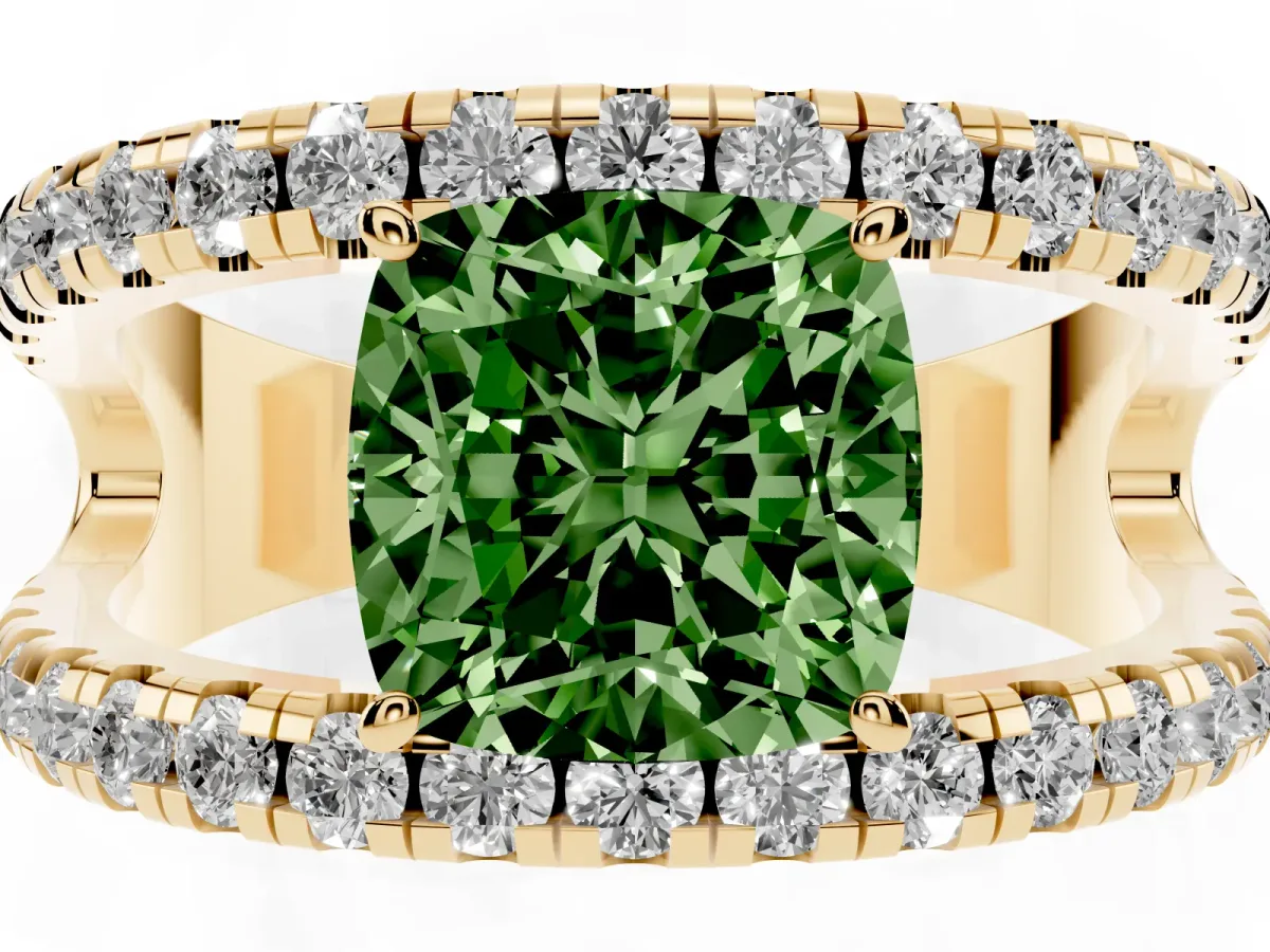 Fancy Green Cushion Cut Solitaire Split Shank Pave Diamond Ring Yellow gold