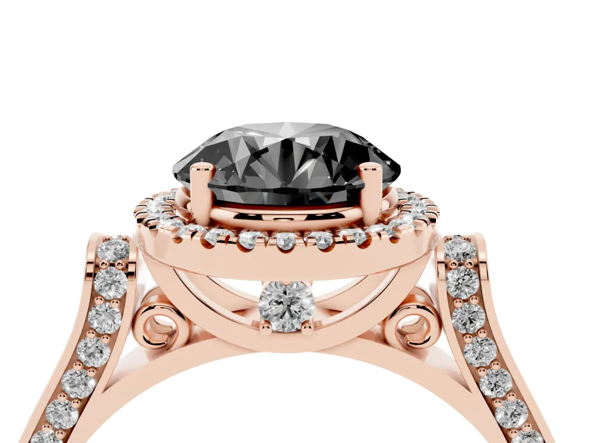 Fancy Black Round Cut Halo Round Diamond Twist Band with Four-Prong Setting Rose gold