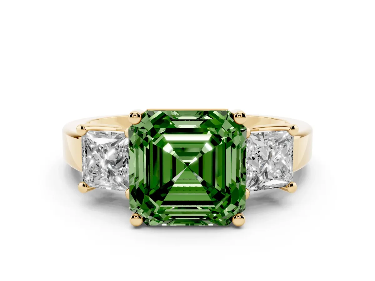 Fancy Green Three-Stone Asscher Cut Cut Solitaire Ring with Prong Setting Yellow gold