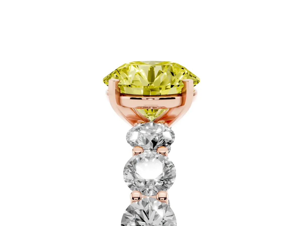 Fancy Yellow Round Cut Diamond Prong Setting with Side Stones on a Pave Band Rose gold