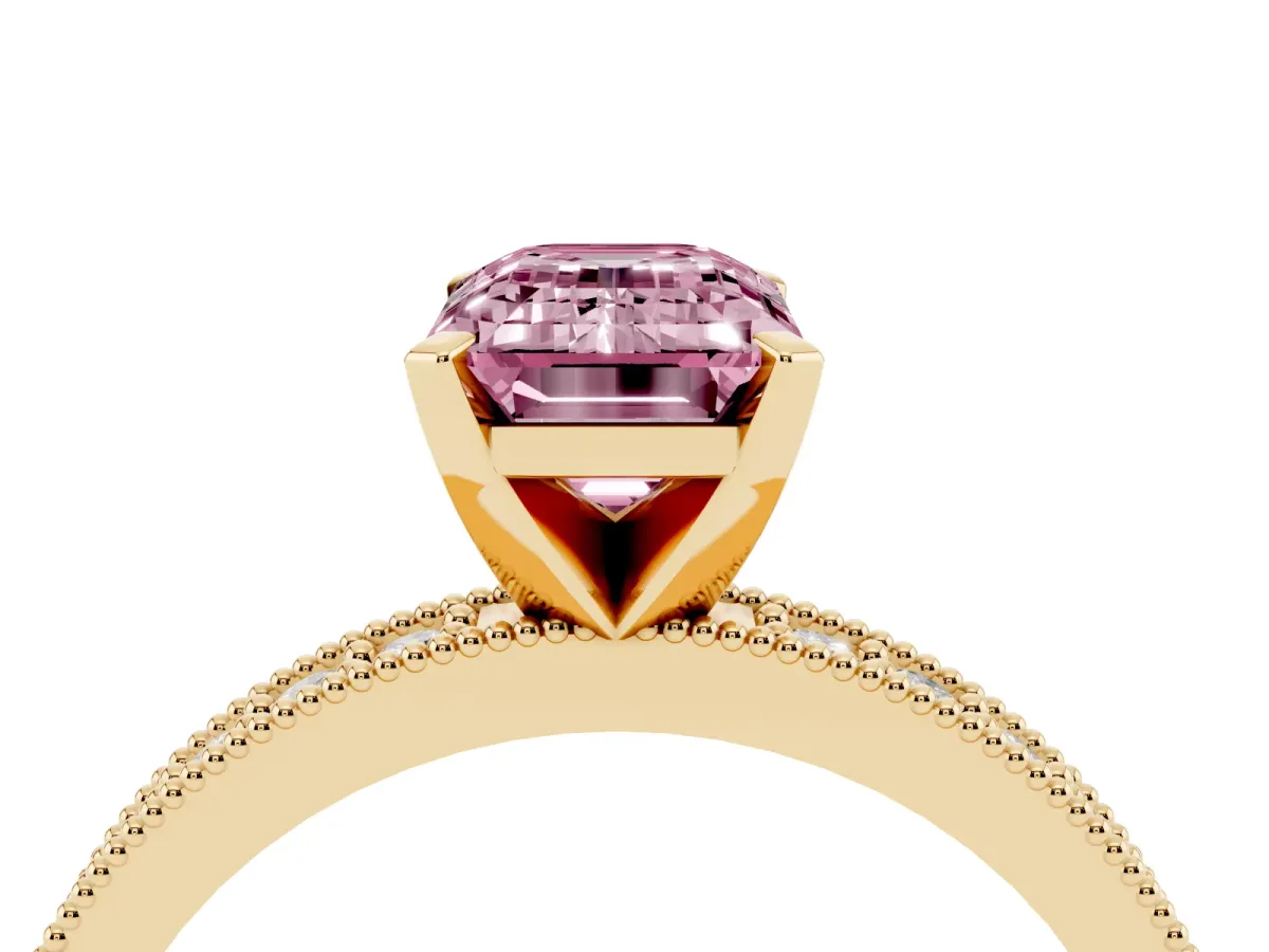 Fancy Pink Emerald Cut Diamond Milgrain Pavé Engagement Ring with Four-Prong Setting Yellow gold