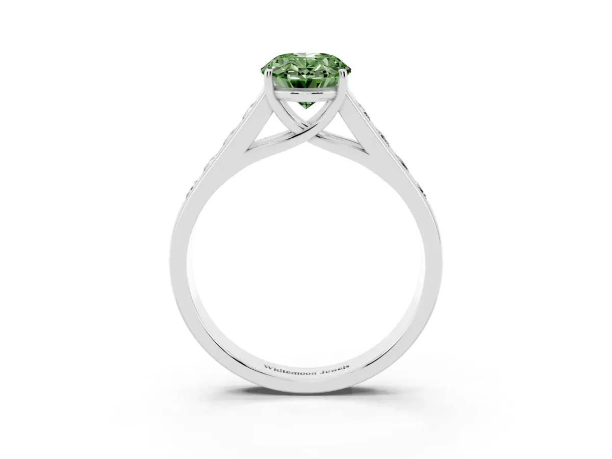 Fancy Green Oval Cut Brilliant Channel-Set Solitaire Ring with Four-Prong Setting Platinum