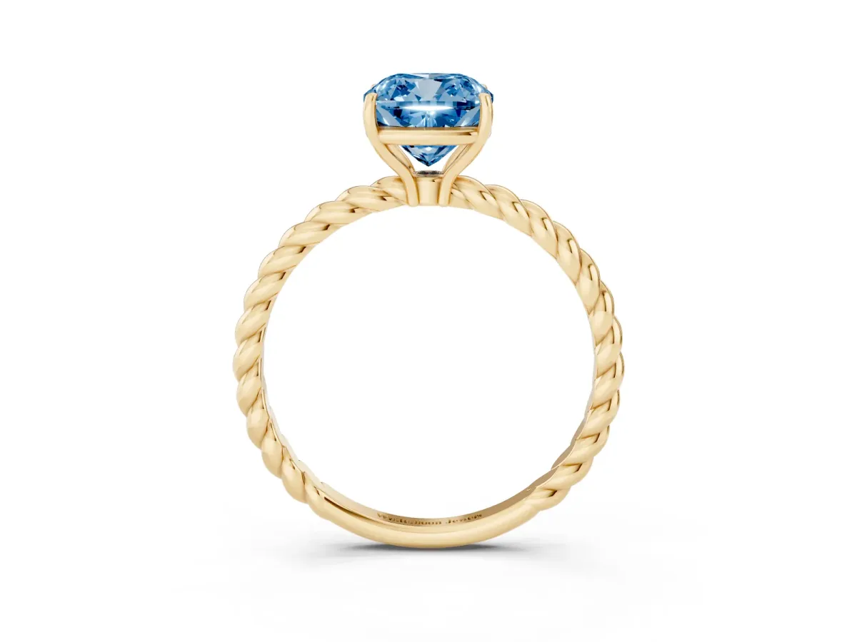 Fancy Blue Cushion Cut Solitaire Twist Band Ring with Four-Prong Setting Yellow gold