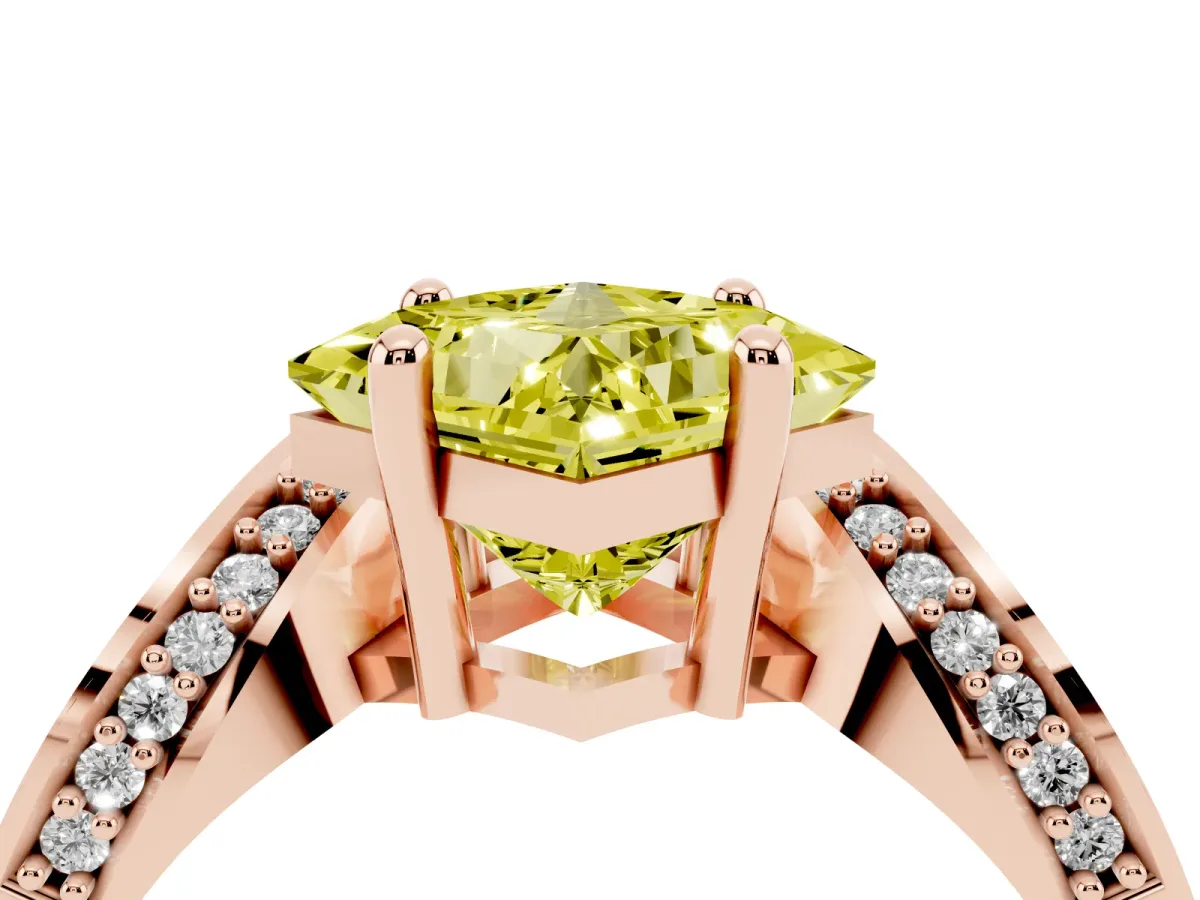 Fancy Yellow Princess Cut Solitaire Diamond Engagement Ring with Pave Band and Four-Prong Setting Rose gold