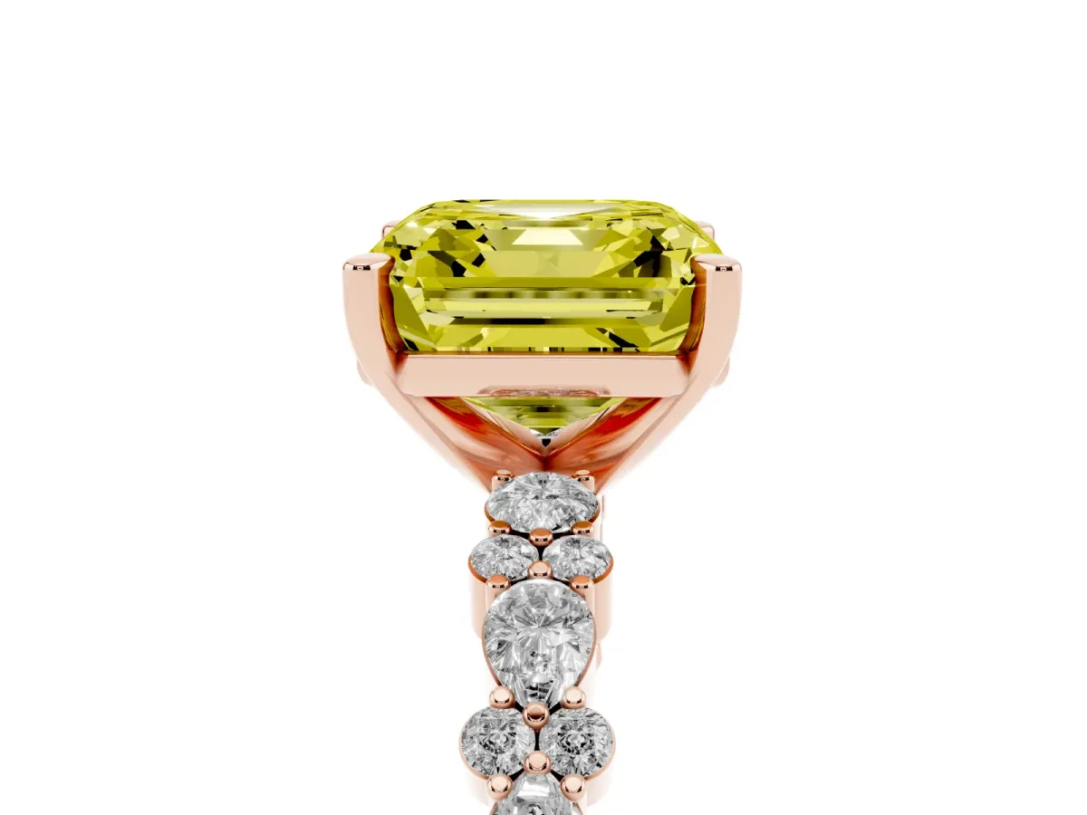 Fancy Yellow Asscher Cut Diamond Side Stone Solitaire Ring with Round and Four-Prong Setting Rose gold