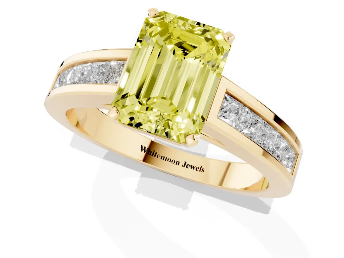 Fancy Yellow Emerald Cut Solitaire Diamond Ring with Channel-Set Band and Four-Prong Setting Yellow gold