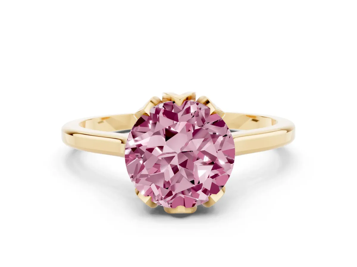 Fancy Pink Round Cut Diamond Solitaire Ring with Flower Prong Setting and Classic Band Yellow gold