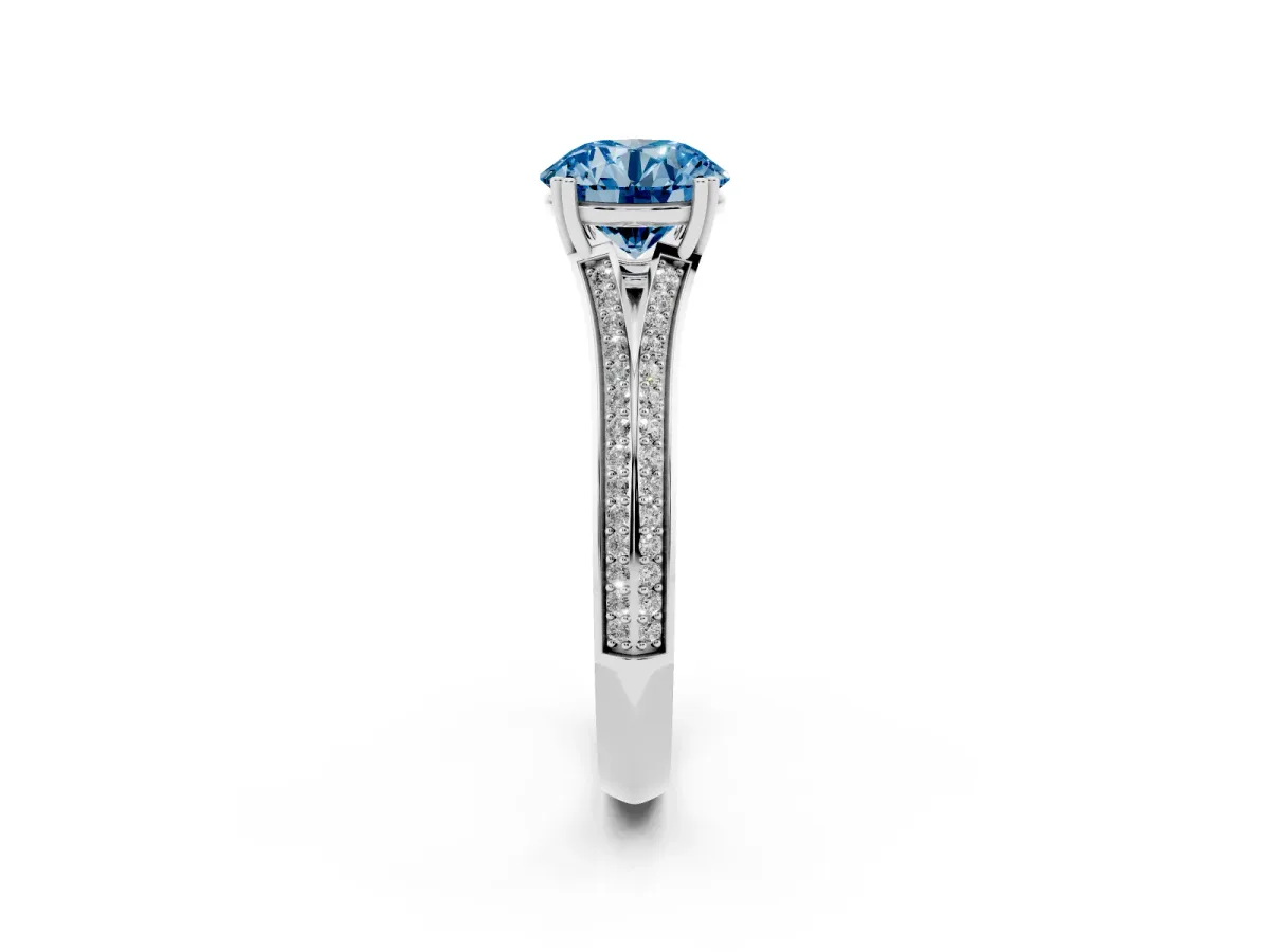 Fancy Blue Round Cut Diamond Split Shank Engagement Ring with Pavé Band Silver