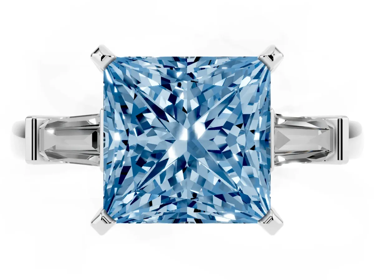 Fancy Blue Princess Cut Cut Diamond Solitaire Ring with Tapered Baguette Accents and Four-Prong Setting Platinum